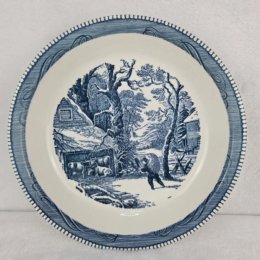 Vintage Royal China Currier & Ives Blue A Snowy Morning Pie Plate 10